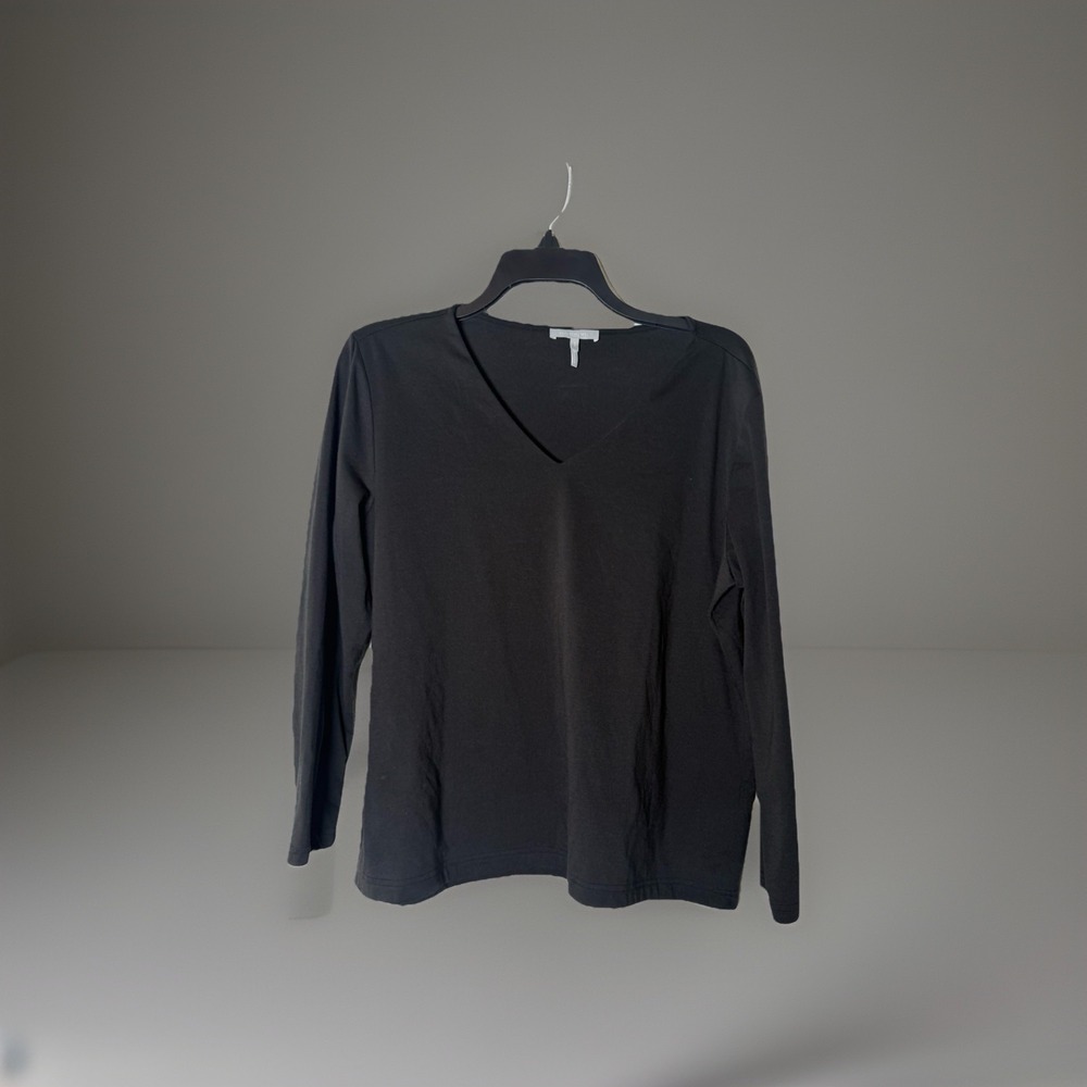 Hinson Wu Cotton Size L Black V Neck Elevated Work Blouse Classic Quiet Luxury